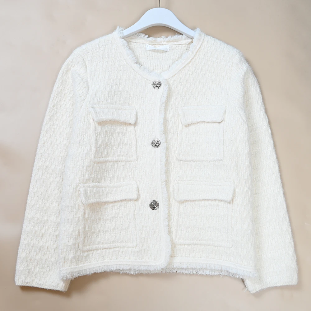 Autumn Winter Women's round Ne Open Cardigan Long Sve ort Length Wool Blend Fce Outerwear Luxury Sle Button Closure