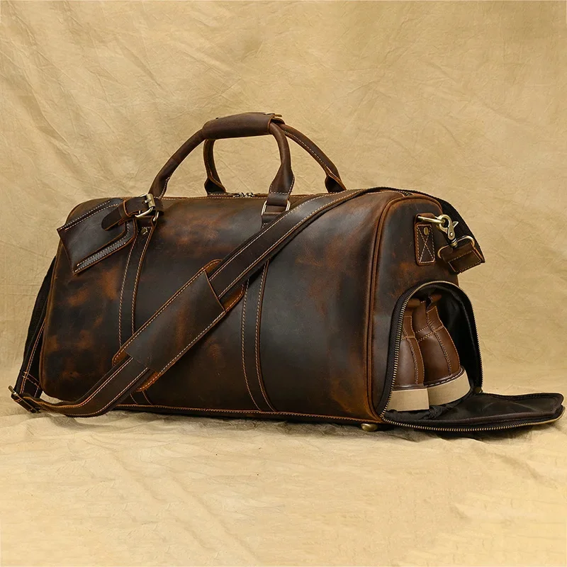 Sac de voyage en cuir vintage pour homme, bagage à main de grande capacité, fourre-tout de week-end masculin, bagage familial, chaussure de luage