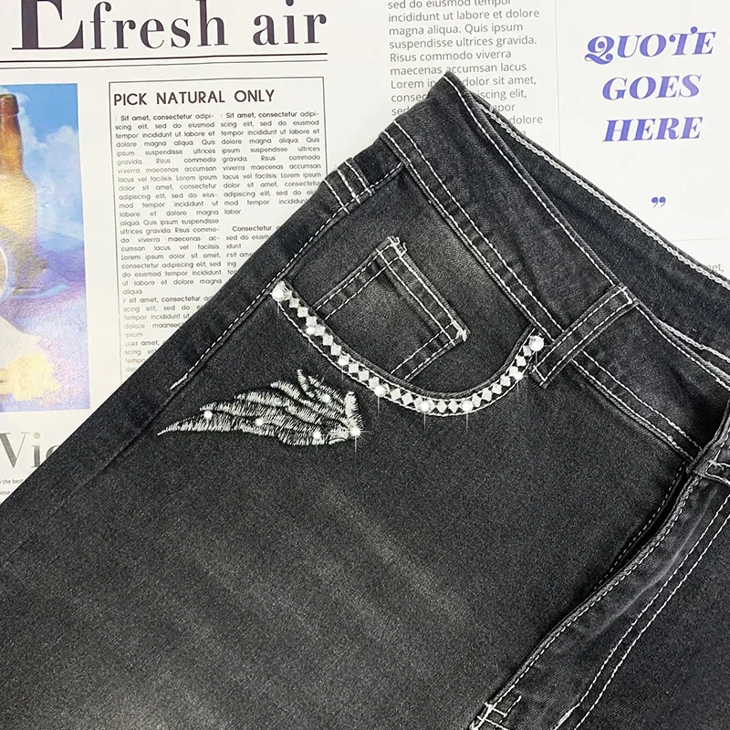 Jeans Women Pencil Pant Denim Long Pants Embroidery Hot Drilling Sheath Straight Trousers Splice High Waist Slim Fit Autumn