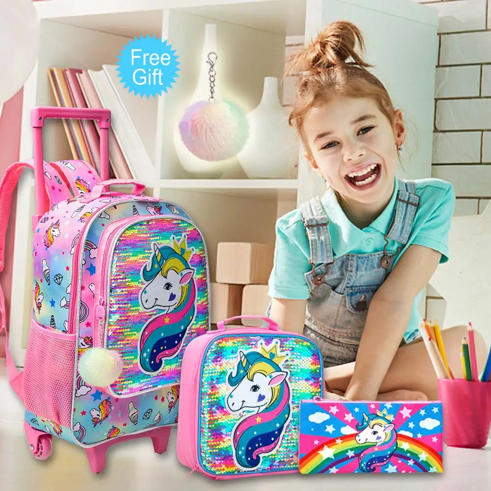 3PCS Rolling Backpack for Girls Kids Roller Wheels Bookbag  with Lunch Bag Pink Unicorn Glow-in-the-dark Function