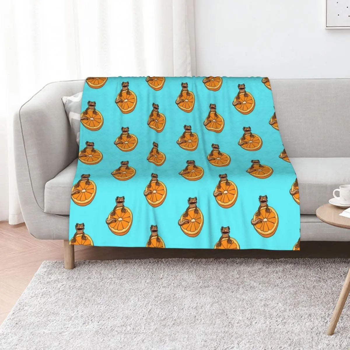 Crested Gecko and Orange, Cute Gecko, Happy Gecko, Cresties Throw Blanket for winter Sleeping Bag Polar Blankets