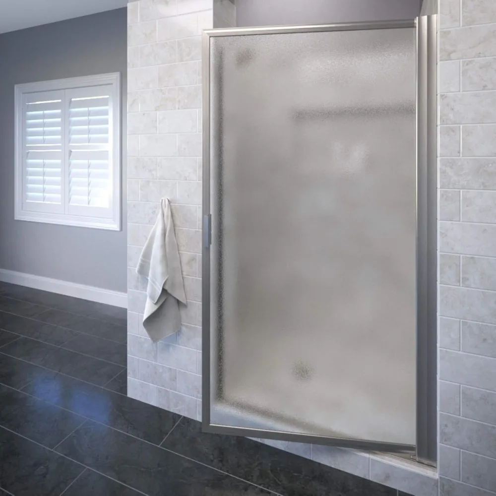 32.75- 34.5 in Pivot Shower Door, Obscure Glass, Brushed Nickel Finish, Bathing Door