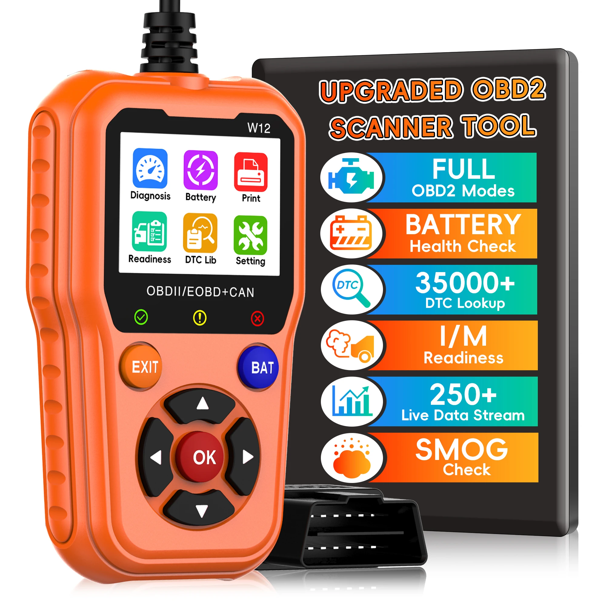 OBD2 Scanner Diagnostic Tool with Battery Tester, Scan Tool | Check Engine Fault Code Reader, Live Data, Cloud Printing, DTC Lookup, Freeze Frame, I/M Readiness for OBDII Cars Since 1996