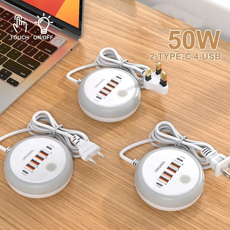 50W 6 Ports USB Charger Phone Power Strip Socket Type C Fast Charging Wall Charger USB PD Adapter For iPhone Huawei Xiaomi Vivo