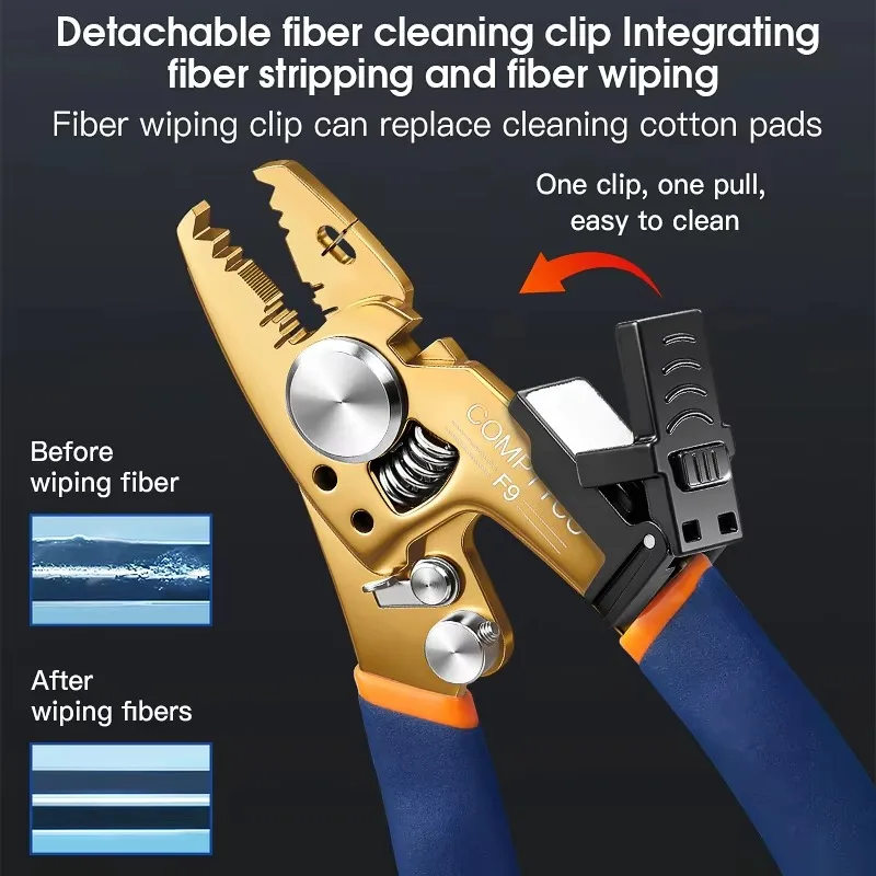COMPTYCO F9 Optical Fiber Cable Stripping Pliers FTTH Tool Multifunctional Stainless Steel Fiber Optic Stripper With Wiping Clip