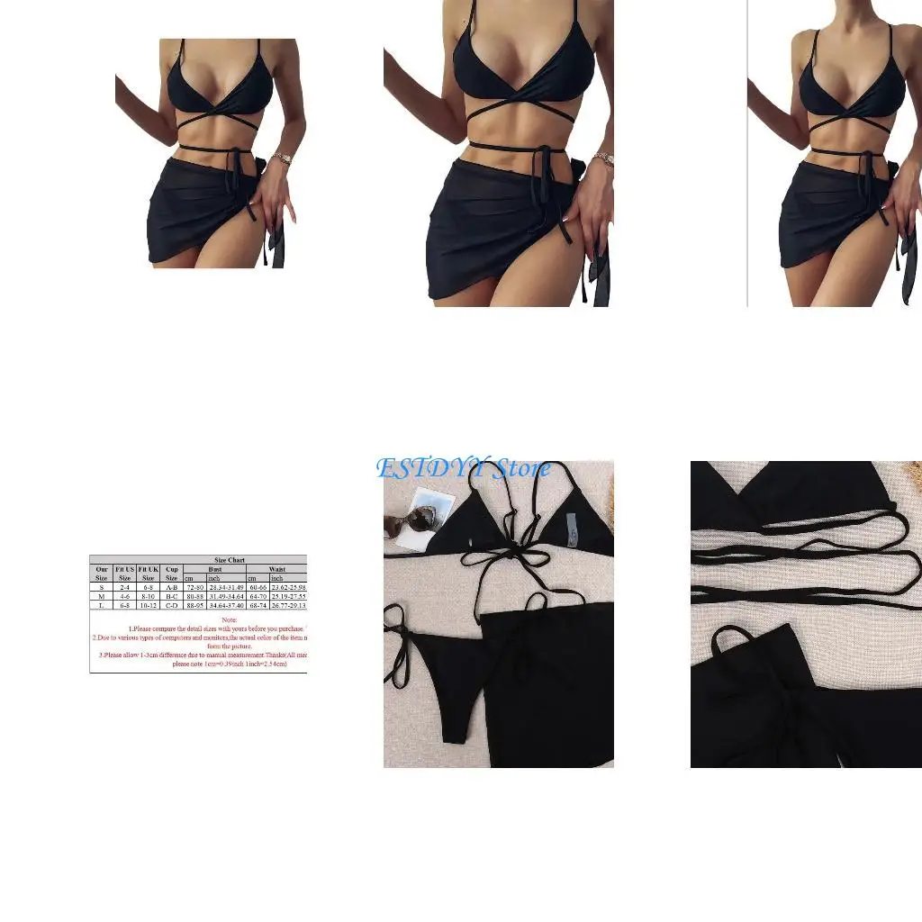 

G6DE Sexy 3pcs Swimsuit Set Women Solid Color Black Brazilian for Cross Front Bandage Bathing Suit with Sarong Cover U