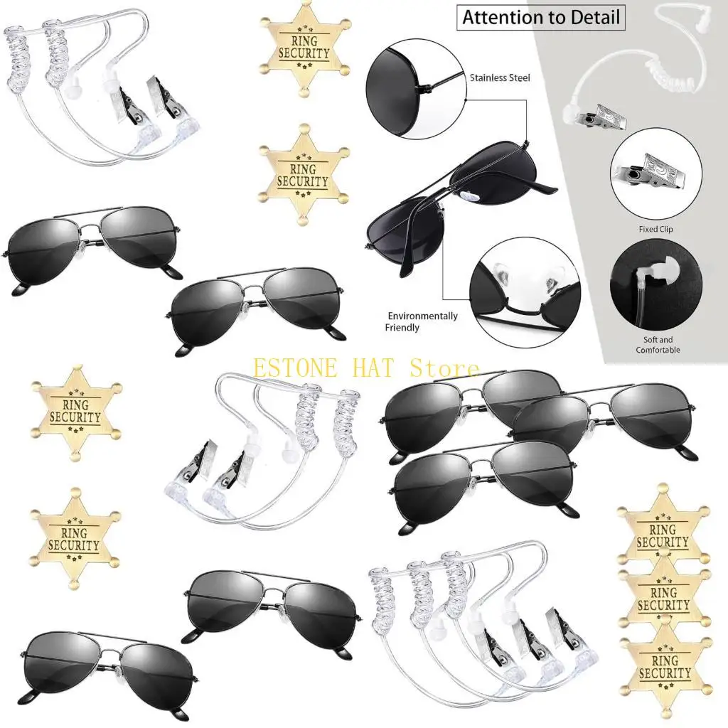 49MF Secret Agent Outfit Accessoires mit schwarzen Brillen Ohrhörern und Abzeichen Halloween Secret Agent Kostüm für erwachsene