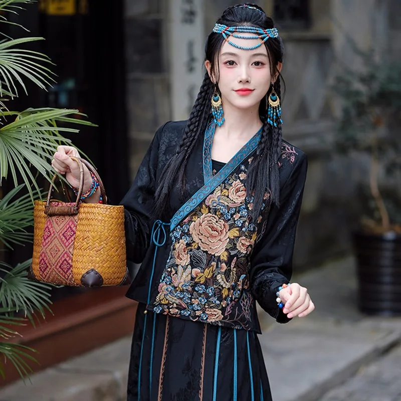 Ethnic Style Embroidery Hanfu Women's Retro Cardigan Horse Face Skirt Chinese Traditional Vintage Improvement Cheongsam