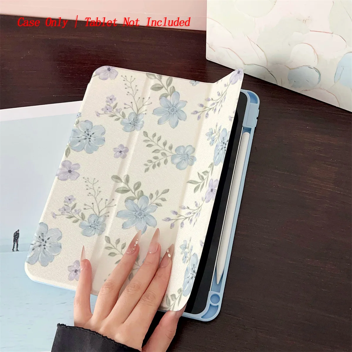 Gentle Pastel Blue Blossoms&Green Leaves Art Print iPad Cover For Apple iPad 9th/10th Gen Air 3 Pro 12.9 Mini 6 Shockproof Case