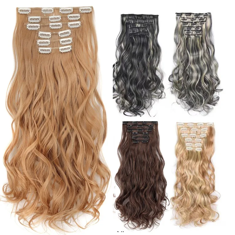 Bal Dame Hoofddeksels Grote Golf Lang Krullend Haar Vrouw Gebogen Haar Cocktail Party Dress Up Pruik 6-delige set 16 Kaarten Haarpatch Pak