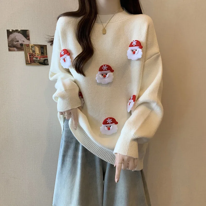 Y2K Sweet Girls Kawaii Santa 3D Applique Crew Neck Sweater for Women Soft Knit Jumper Christmas Party Aesthetic Long Sleeve Top