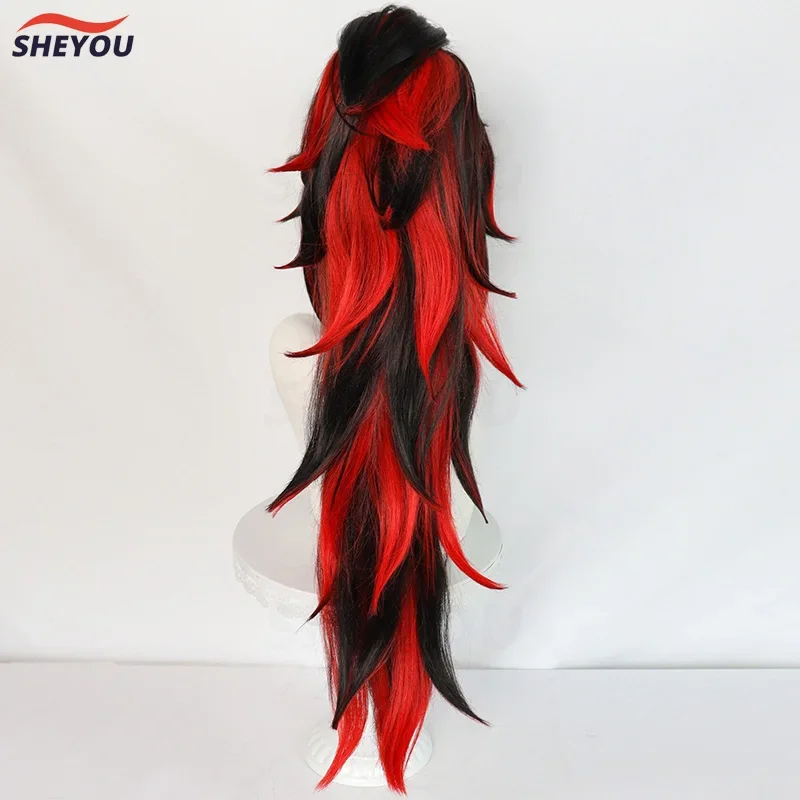 Tsugikuni Yoriichi Cosplay Wig Anime Long Black And Red With Ponytail Heat Resistant Synthetic Hair Anime Cosplay Wigs   Wig Cap