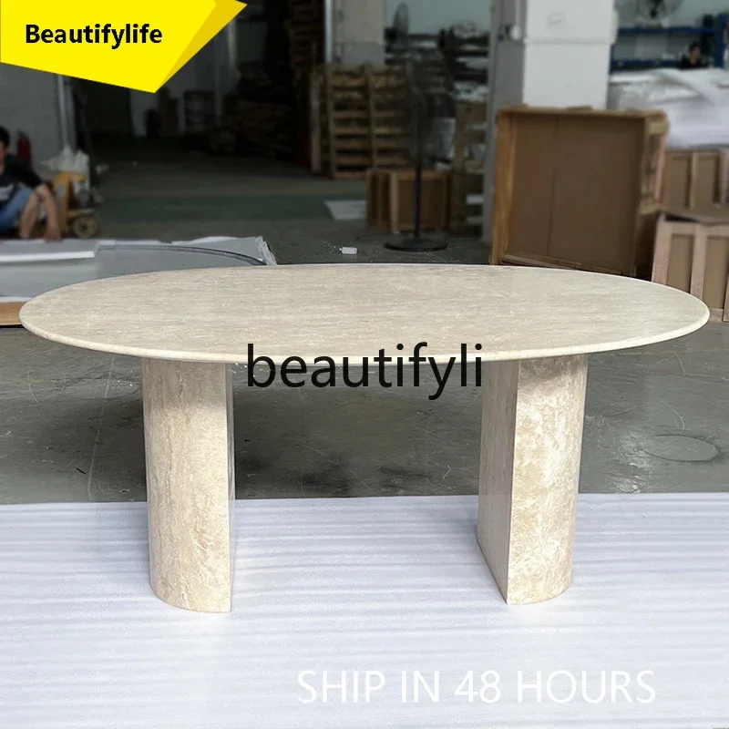 smt1 Cream style dining table natural roman travertine oval light luxury villa living room wabi wind dining table