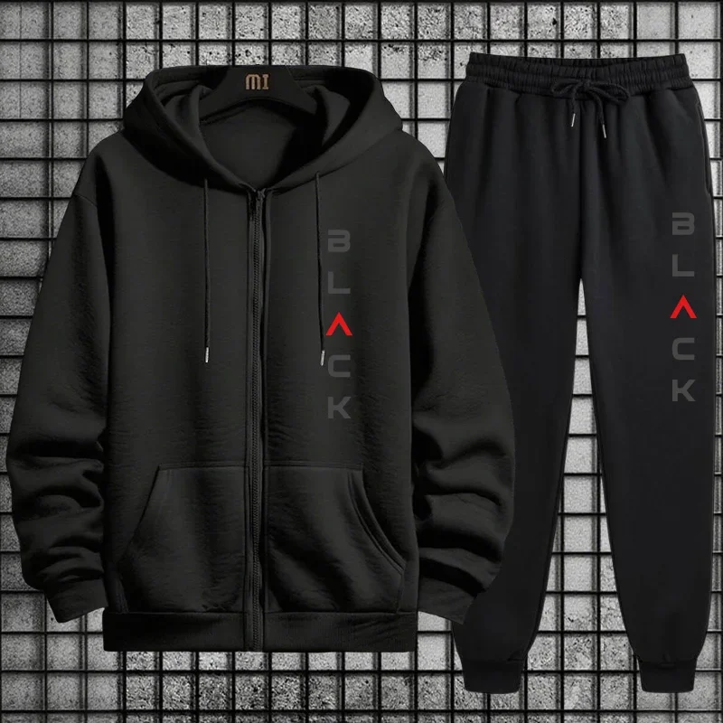 

2025 Hot Sale Men 2 Piece Set Zipper Hoodie Streetwear Tracksuit Urban Fashion Outfit Black Letter Print Sweatshirt Sweatpants