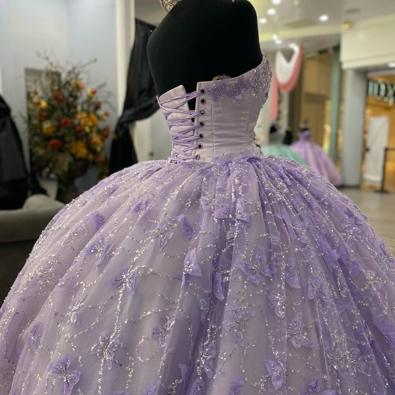 EVLAST Personalizzato Lavanda Lucido Abito Quinceanera per 15 Anni Abito di Sfera Applique Fiocco Perline Dolce 16 Abiti Da 15 Anni TQD034