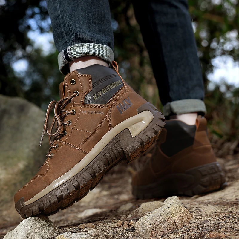 High-Top Leather Men's Boots Breathable Desert Combat Boots Outdoor Non-slip Hiking Boots Men Motorcycle Boots Work Ankle Boots