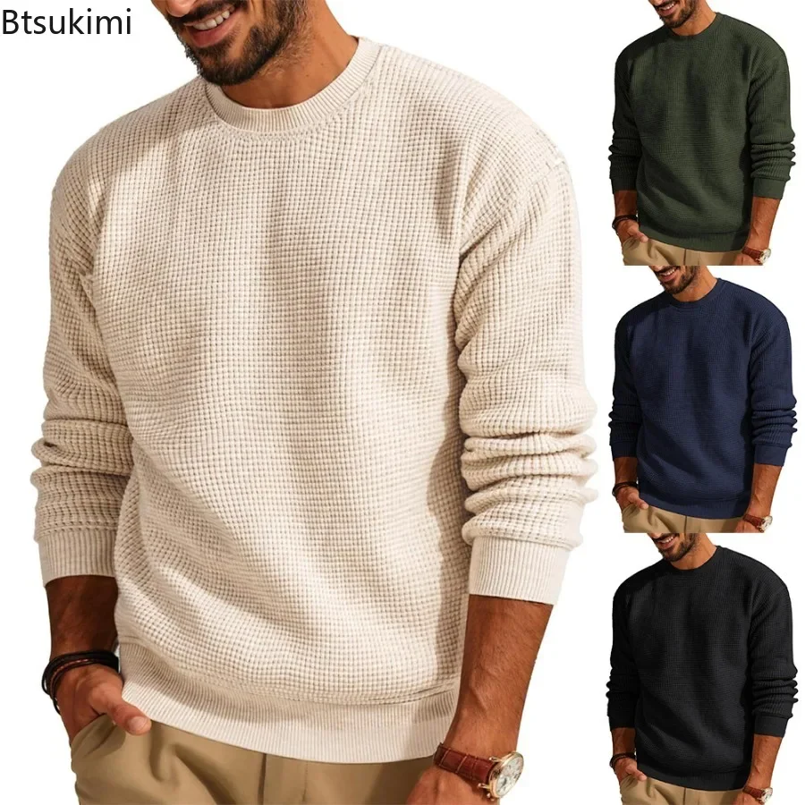 

2025 Men's Fashion Waffle Knitted Sweaters Loose Casual Solid Round Neck Pullovers Male Long Sleeve Versatile Knit Sweater Tops