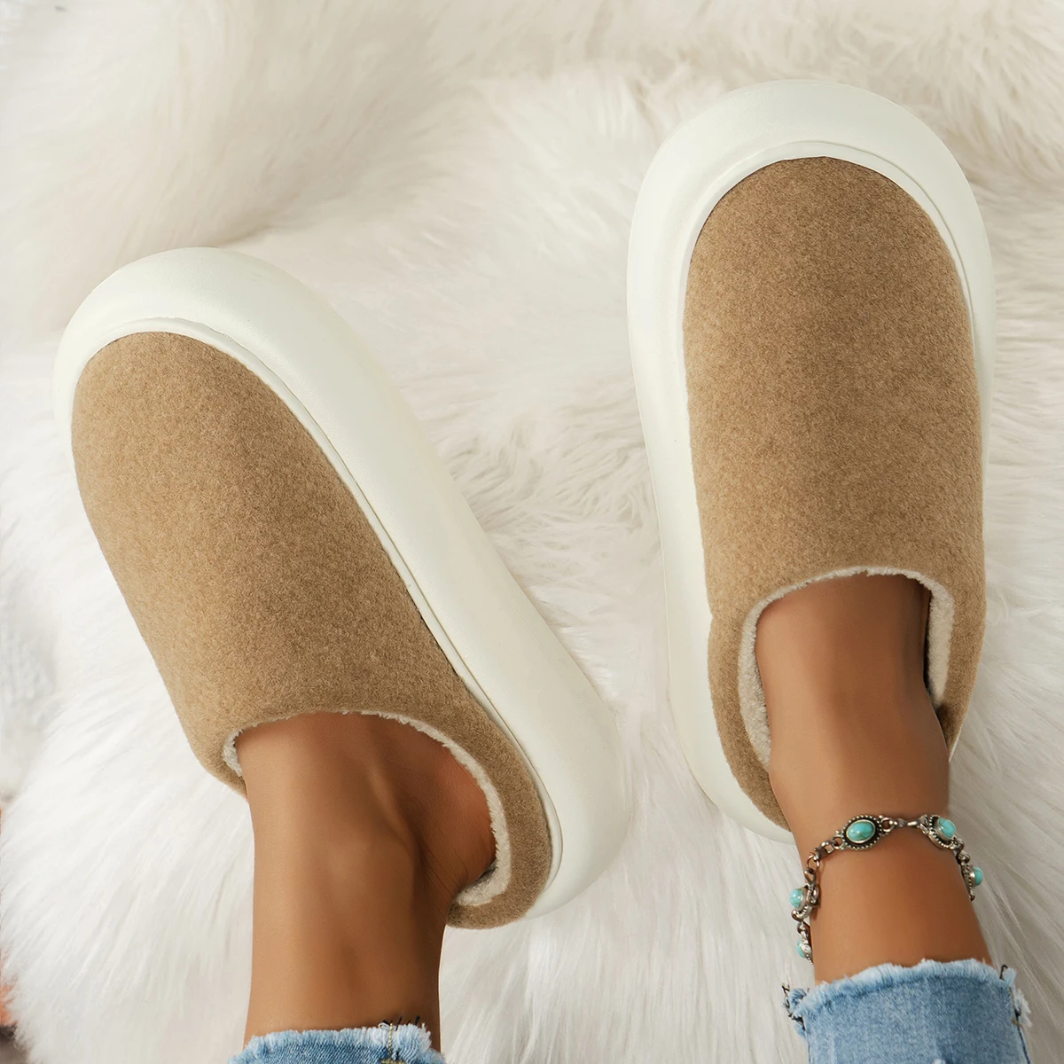 المرأة الشتاء بلون عادية مريحة المضادة للانزلاق الدافئة نعال قماش غطاء تو الانزلاق على النعال المنزل #3