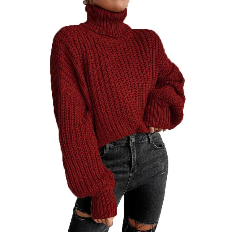 Autumn and winter foreign trade fashion shoulder long sleeved knitted loose fitting pullover high neck sweater for women