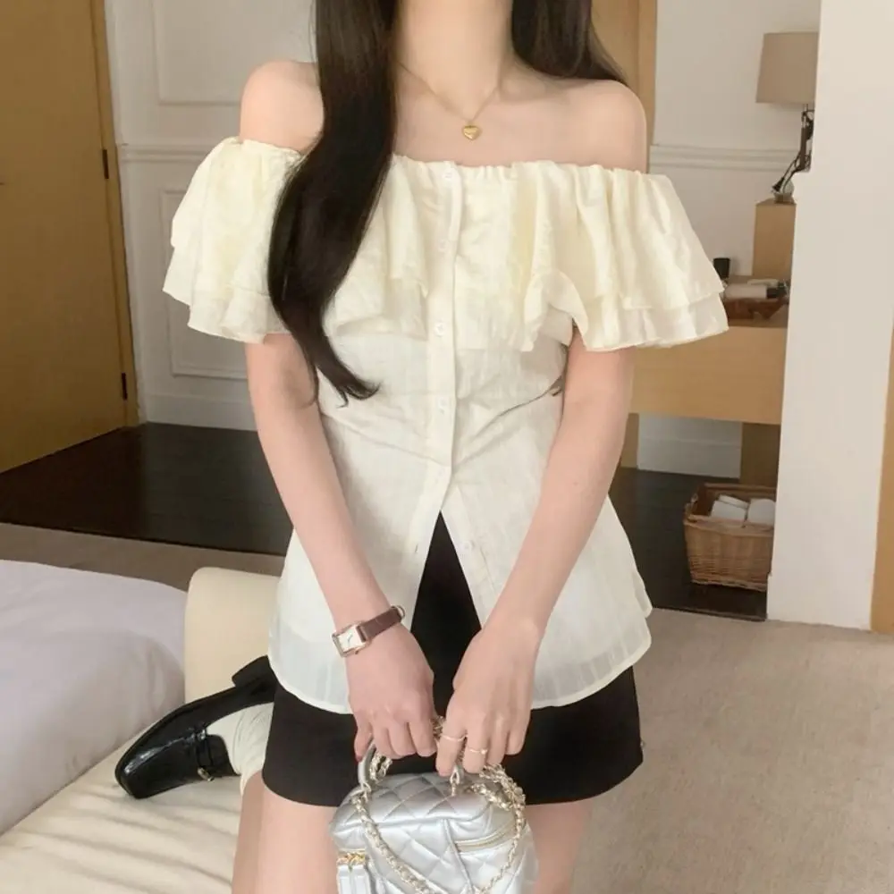 

Breathable Boat Neck Off Shoulder Tops Ruffle Thin Beige Short T-shirts Ins Style Shirt Y2K Short Sleeves Tops Clue