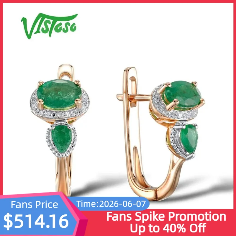 

VISTOSO Gold Earrings For Women 14K 585 Rose Gold Glamorous Elegant Shiny Emerald Sparkling Diamond Luxury Trendy Fine Jewelry