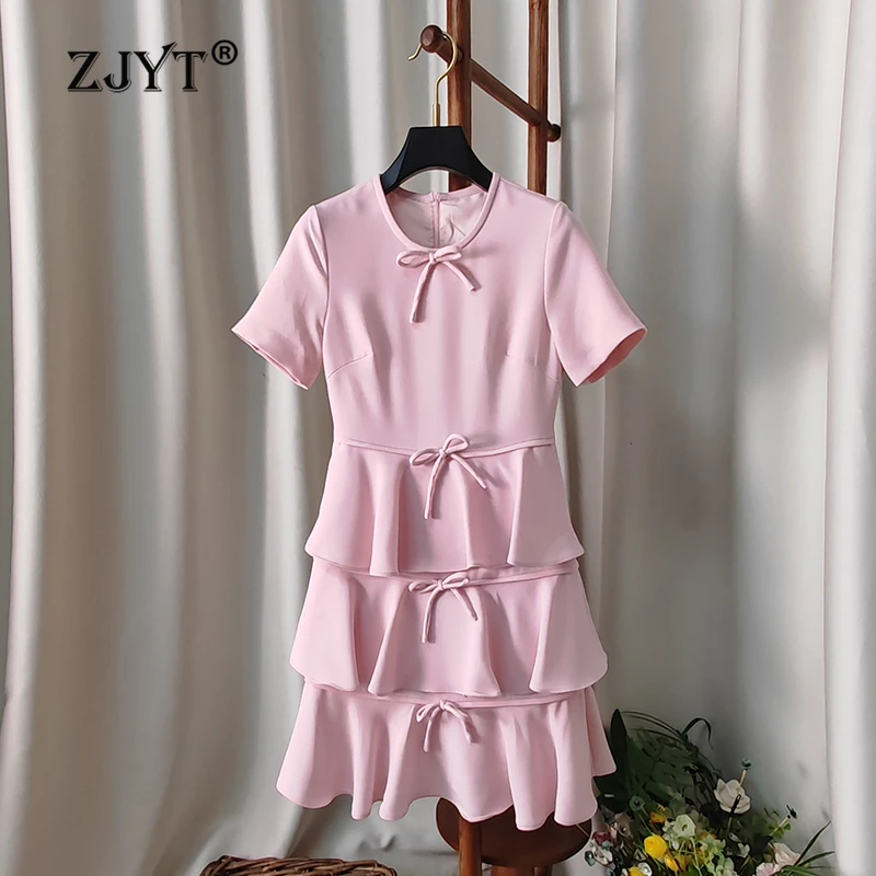 

ZJYT Summer Elegant Dresses for Women 2024 Fashion Short Sleeve Ruffles Layered Cake Party Dress Vestidos Feminino Woman Clothes