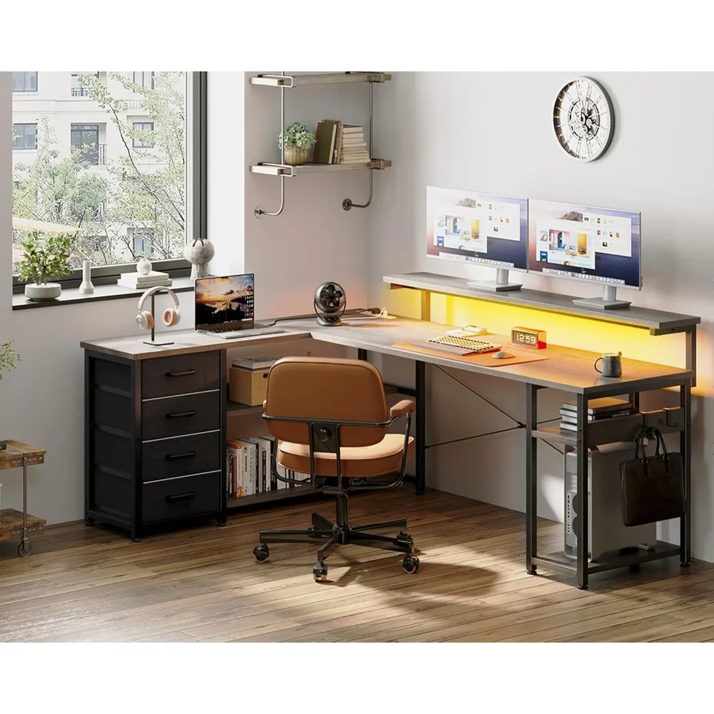 

61" L Shaped Desk with Drawer, Computer Desk with Power Outlets & LED Lights, Reversible Corner Gaming Desks for Home Office