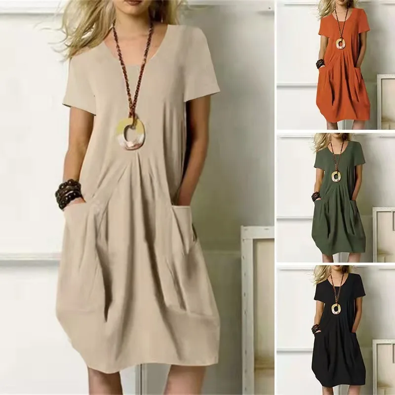 Summer New Women Cotton Linen Solid Color Dress Loose Casual Round Neck Short Sleeve Midi Dress Soft Breathable Daily Wear Dress