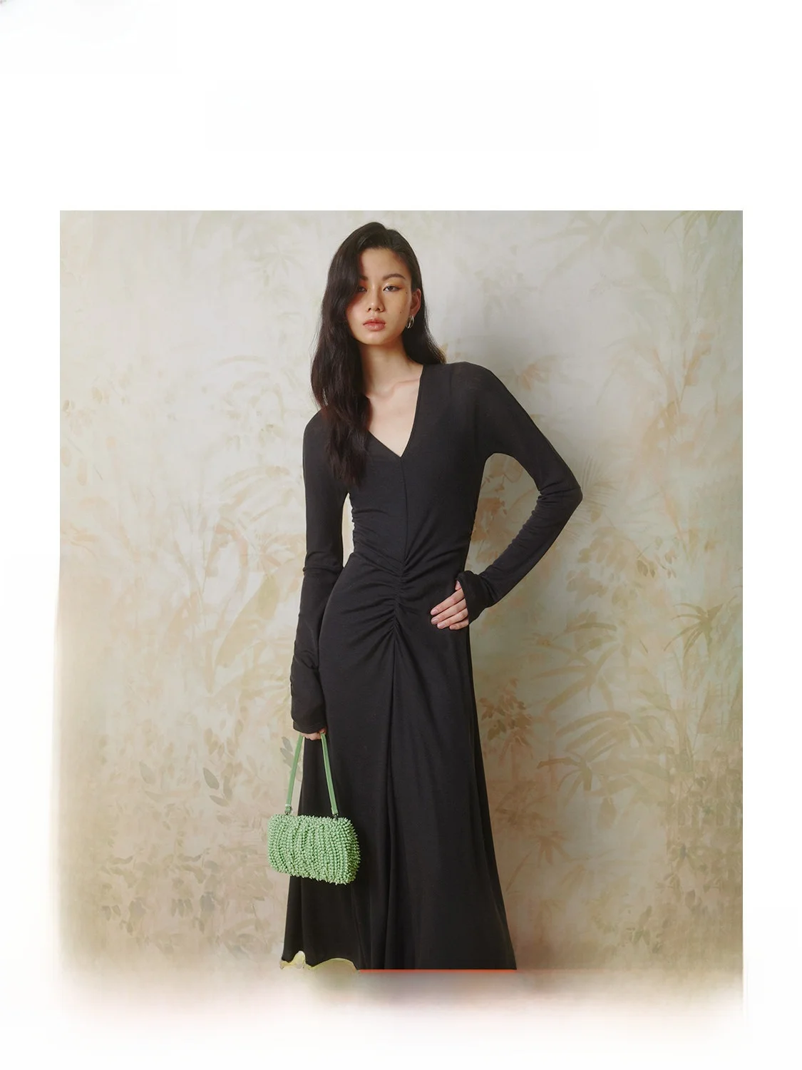 

ZhiZhi Deep V-neck Long Sleeve Slimming Dress Women's Fashion British Style Woolen Knitted Wrap Waist Spring Autumn Wear