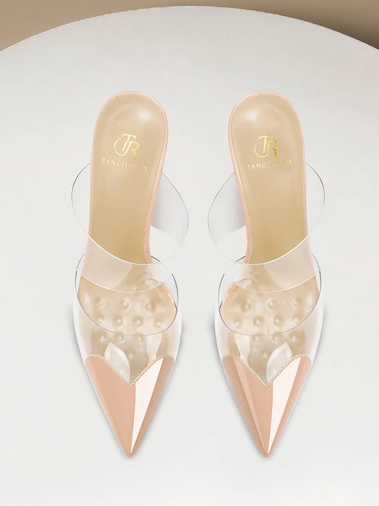 Summer 2026 Transparent Heart Shaped Women's Slippers Sexy Pointed Toe High Heel Red Bottom Fashionable Sandals Comfortable Fit