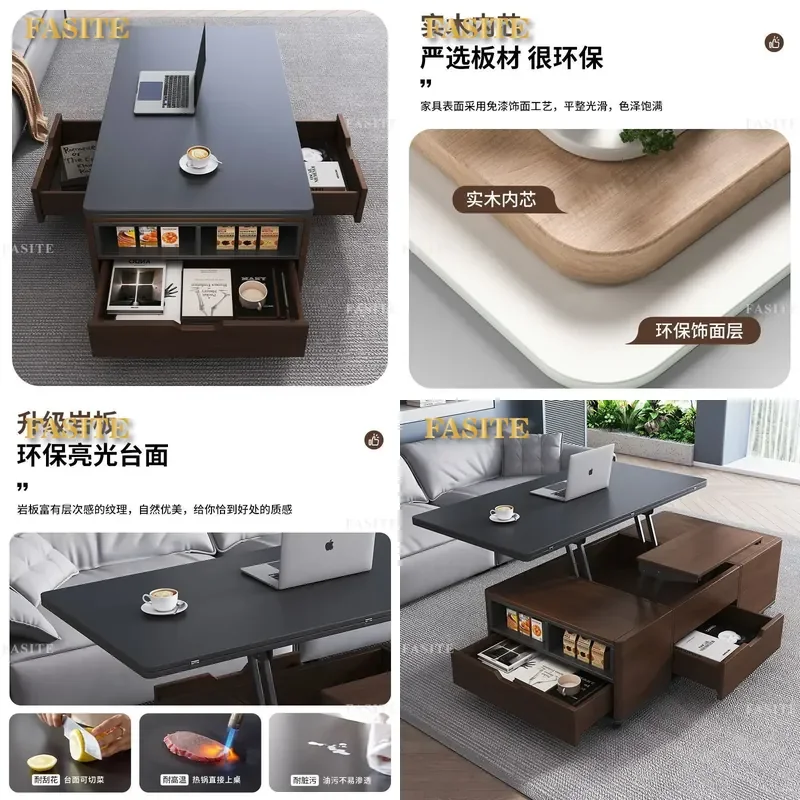 For Small Apartment Solid Wood Slate Lifting Coffee Table Dual Purpose Mobile Dining Table Integrated Three In One Folding