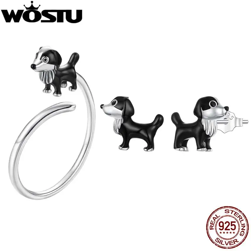 

WOSTU Real 925 Sterling Silver Cute Black Border Collie Dog Open Ring for Girl, Original Animal Earrings Family Pet themed Gift