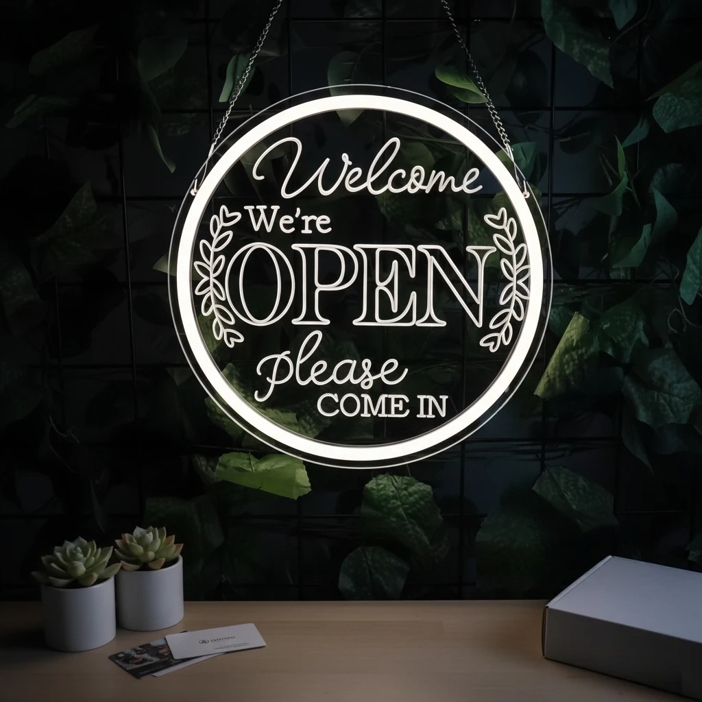 

Неоновая вывеска «Добро пожаловать, мы работаем, пожалуйста, заходите» — настенное украшение для вечеринок, баров, салонов, отелей, магазинов. Прочный пластик, современный декор.