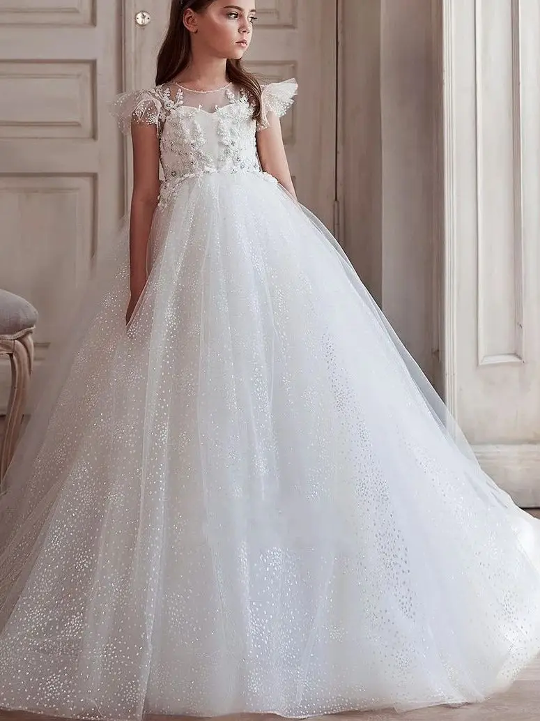 

Новое платье для девочки на свадьбу, с блестками, из фатина, с кружевными аппликациями, детское свадебное платье для вечеринки, платье для первого причастия, на заказ