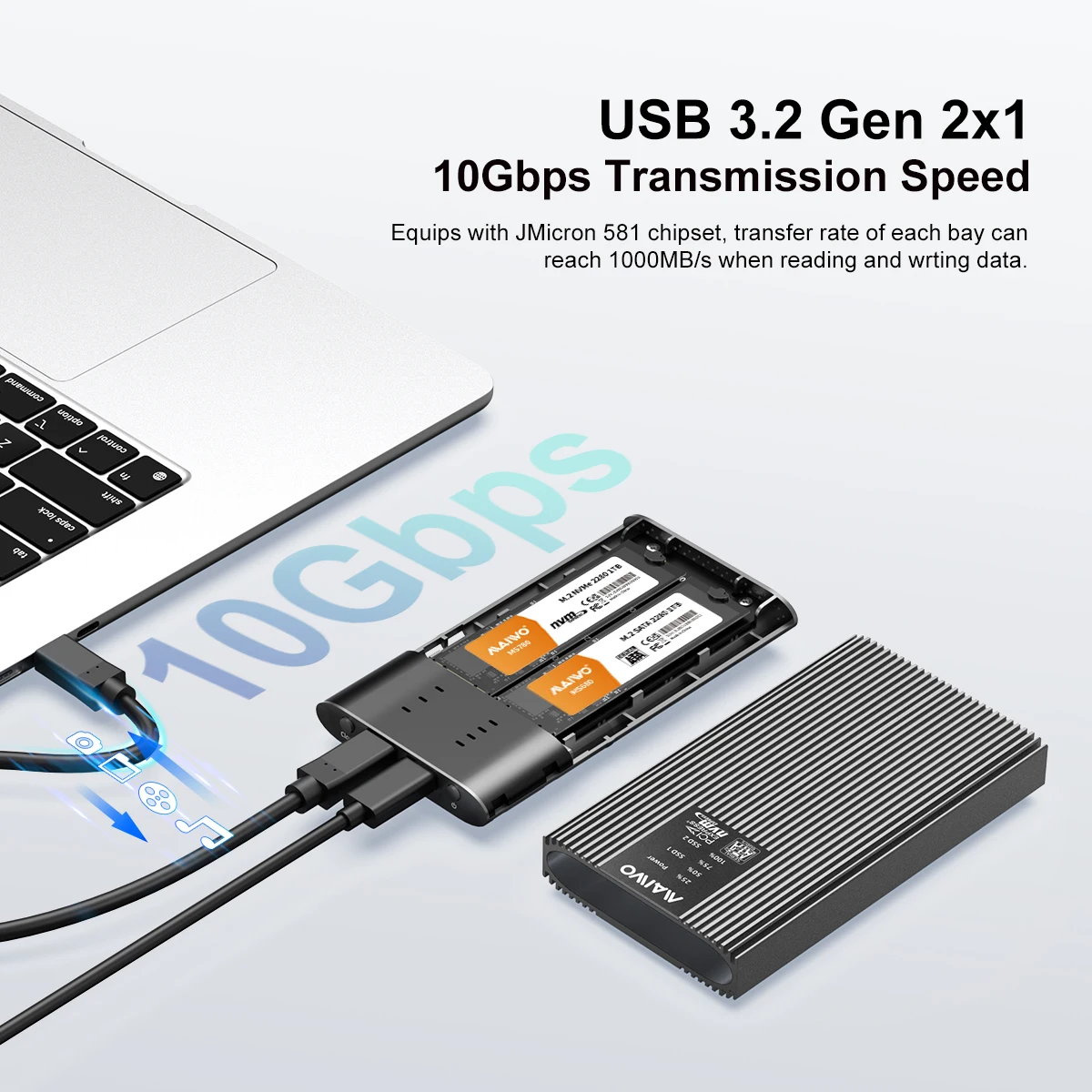 MAIWO ออฟไลน์ Clone Dual Bay 10Gbps M.2 SATA NVMe SSD Enclosure AHCI โปรโตคอล USB3.1 Tybe-C Gen2 SSD กรณี M2 ฮาร์ดไดรฟ์กล่อง
