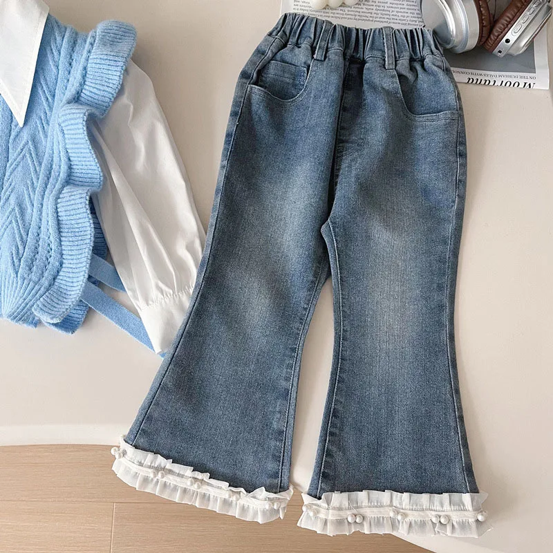 Baby Girls Clothes Sets Autumn Long Sleeve Bottom Shirts Sweater Vest Wide Leg Jeans Sets for Kids Fashion Children Clothing Set image 5