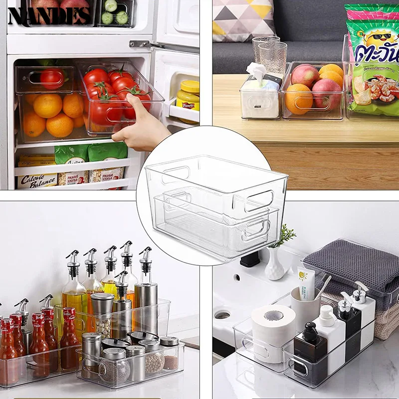 صناديق تنظيم الثلاجة، صندوق تخزين طعام الثلاجة قابل للتكديس مع مقبض، أداة تنظيم الفريزر البلاستيكية الشفافة #5