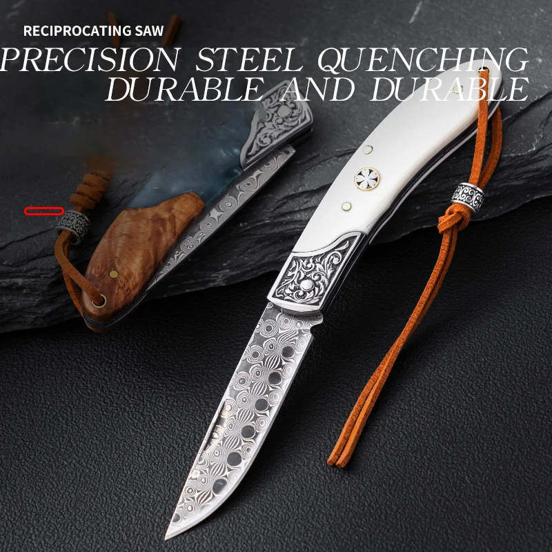 Hot selling pocket folding knife Damascus steel high hardness outdoor knife self-defense portable fruit outdoor camping knife