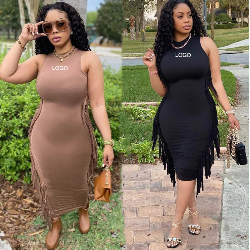

Custom Wholesale Ladies Bodycon long Dress Sleeveless Plain Skinny Women Casual Dresses with Tassel Fall 2022 Women Clothes