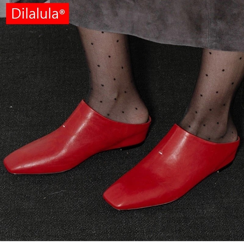 

Dilalula Vintage Genuine Leather Mules Women Covered Toe Med Wedges Heels Slippers Female Outdoor Summer Sliders