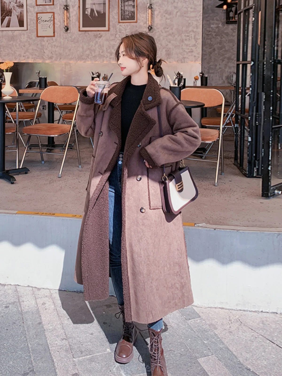 

Женская двусторонняя куртка из овчины средней длины, осенне-зимнее утепленное пальто из оленьей кожи с бархатной подкладкой