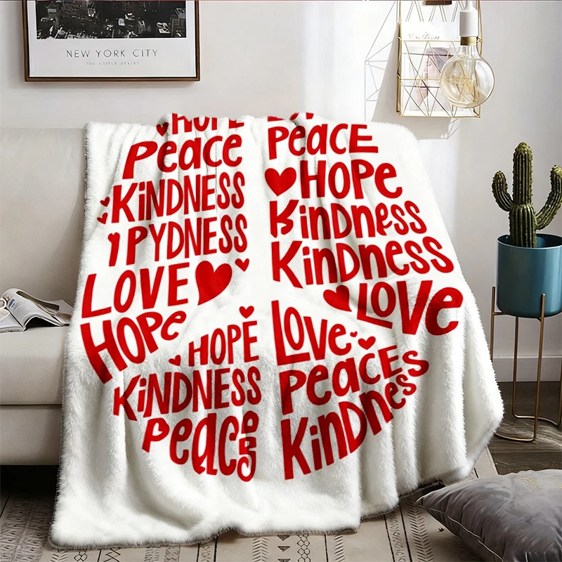 Hope Peace Kindness Love Flannel Blanket, Retro Peace Sign Heart Flannel Throw, Positive Message Cozy Blanket