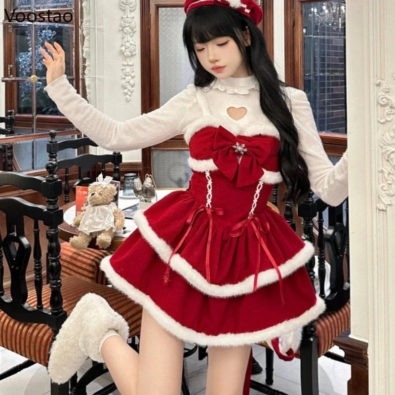 Winter Sweet Christmas Red Lolita 3 Piece Set Women Japanese Lace Up Hoodie Cloak Solid Top Cute Dress Suit Female Kawaii Outfit