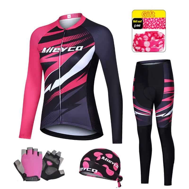 Mieyco Cool Contrast‑Color Women Long‑Sleeve Cycling Jersey Set, Stylish Geometric Print Breathable Road Mountain Bike Tights
