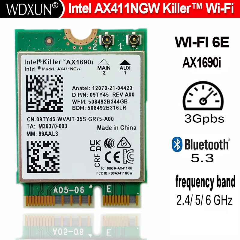 Intel® Wi-Fi 6E AX411 Intel Killer AX1690i WIFI 6E Speed 2.4 Gbps 802.11ax 2.4/5/6GHz  Bluetooth  5.3 BT5.3