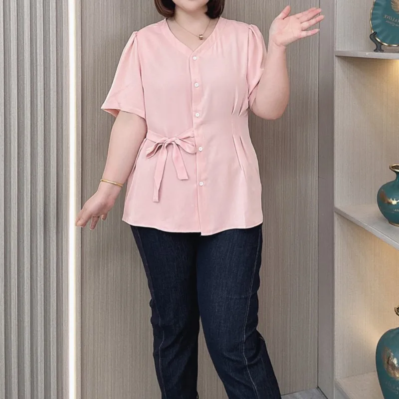 Plus Size Chiffon Overhemd Dames Zomerontwerp Aan De Ene Kant Met Vetersluiting Blouses Met Pofmouwen