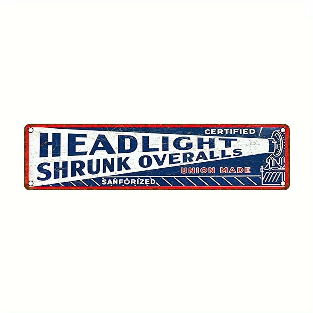 Vintage 40cm x 10cm Headlight Shrink Overalls Sign - Union Made, UV Printed, Iron Wall Art for Indoor/Outdoor Decor, Rustic Farm