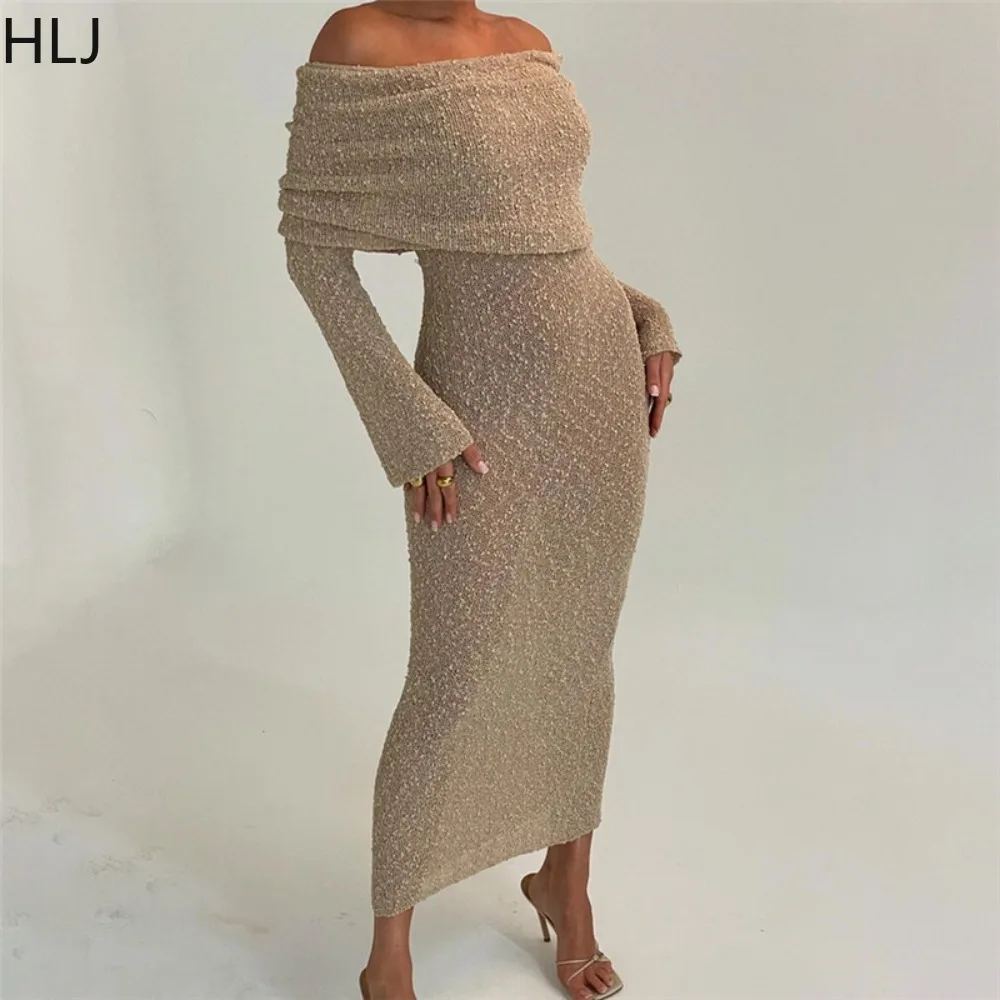 Hlj Mode Effen Kleur Off Shoulder Bodycn Party Club Jurken Vrouwen Backless Lange Mouw Slanke Vestidos Elegante Dameskleding