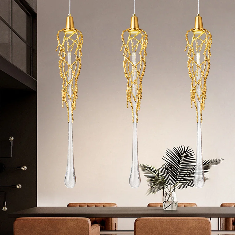 

Vintage Long Dining Room Pendant Lamp Modern Chandelier For Living Room Staircase Branch Art Cage Aluminum Crystal Hanging Light