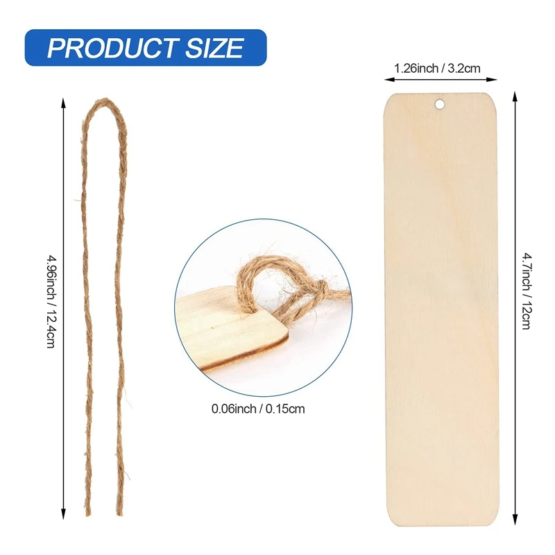 50ชิ้นที่คั่นหนังสือไม้เปล่าป้ายแขวนทำจากไม้ที่ยังไม่เสร็จพร้อมรูและเชือกงานหัตถกรรมแบบทำมือ